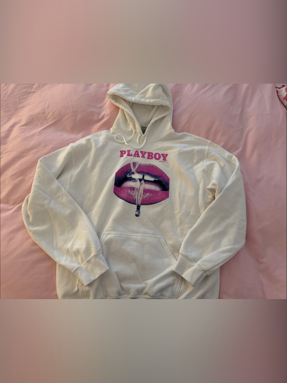 PLAYBOY White Hoodie with Pink-Purple Lip Graphic - Women